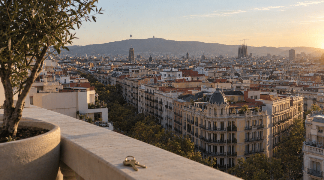 Terraza de una vivienda de lujo en Barcelona al atardecer, con unas llaves sobre la barandilla y la Sagrada Familia al fondo