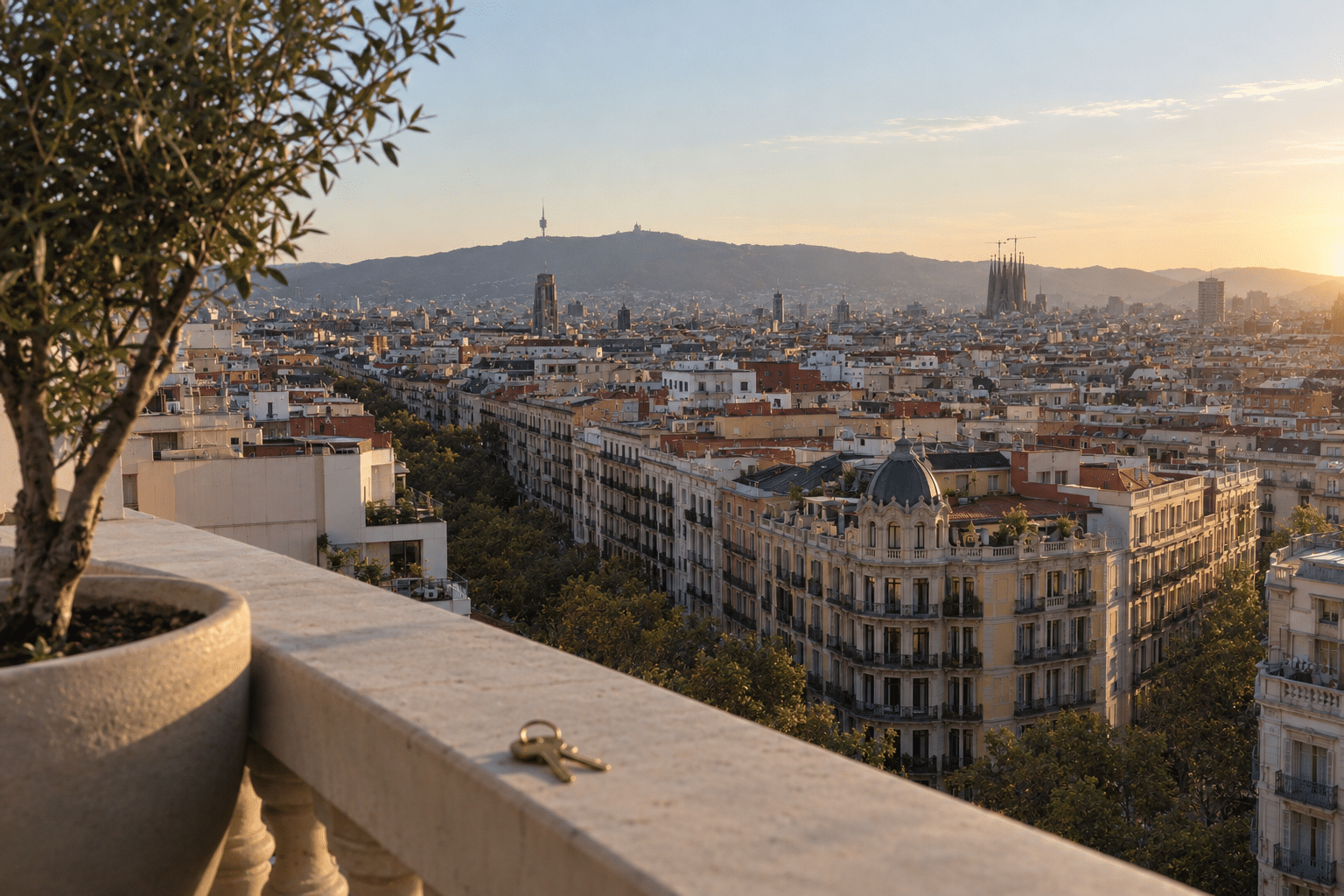 Terraza de una vivienda de lujo en Barcelona al atardecer, con unas llaves sobre la barandilla y la Sagrada Familia al fondo