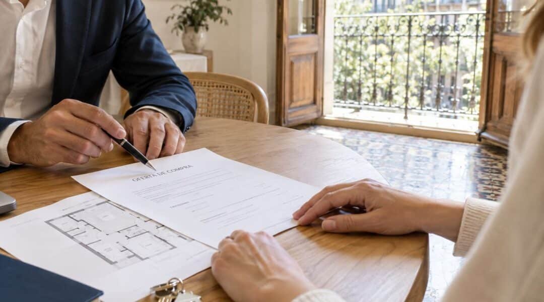 Asesor inmobiliario revisando una oferta de compra con una compradora en un piso de Barcelona