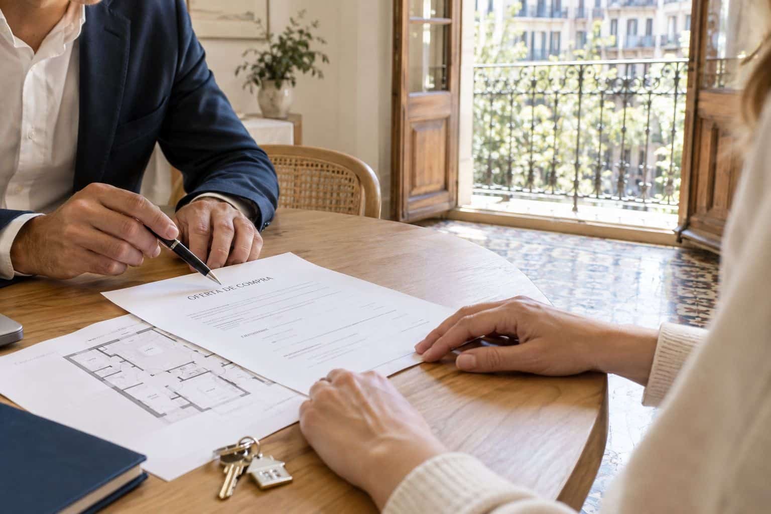 Asesor inmobiliario revisando una oferta de compra con una compradora en un piso de Barcelona