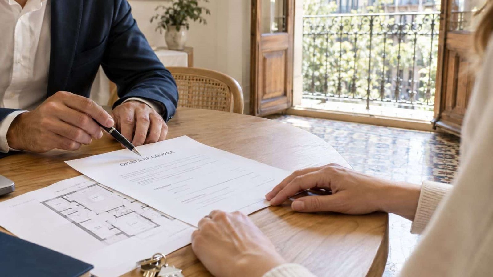 Asesor inmobiliario revisando una oferta de compra con una compradora en un piso de Barcelona